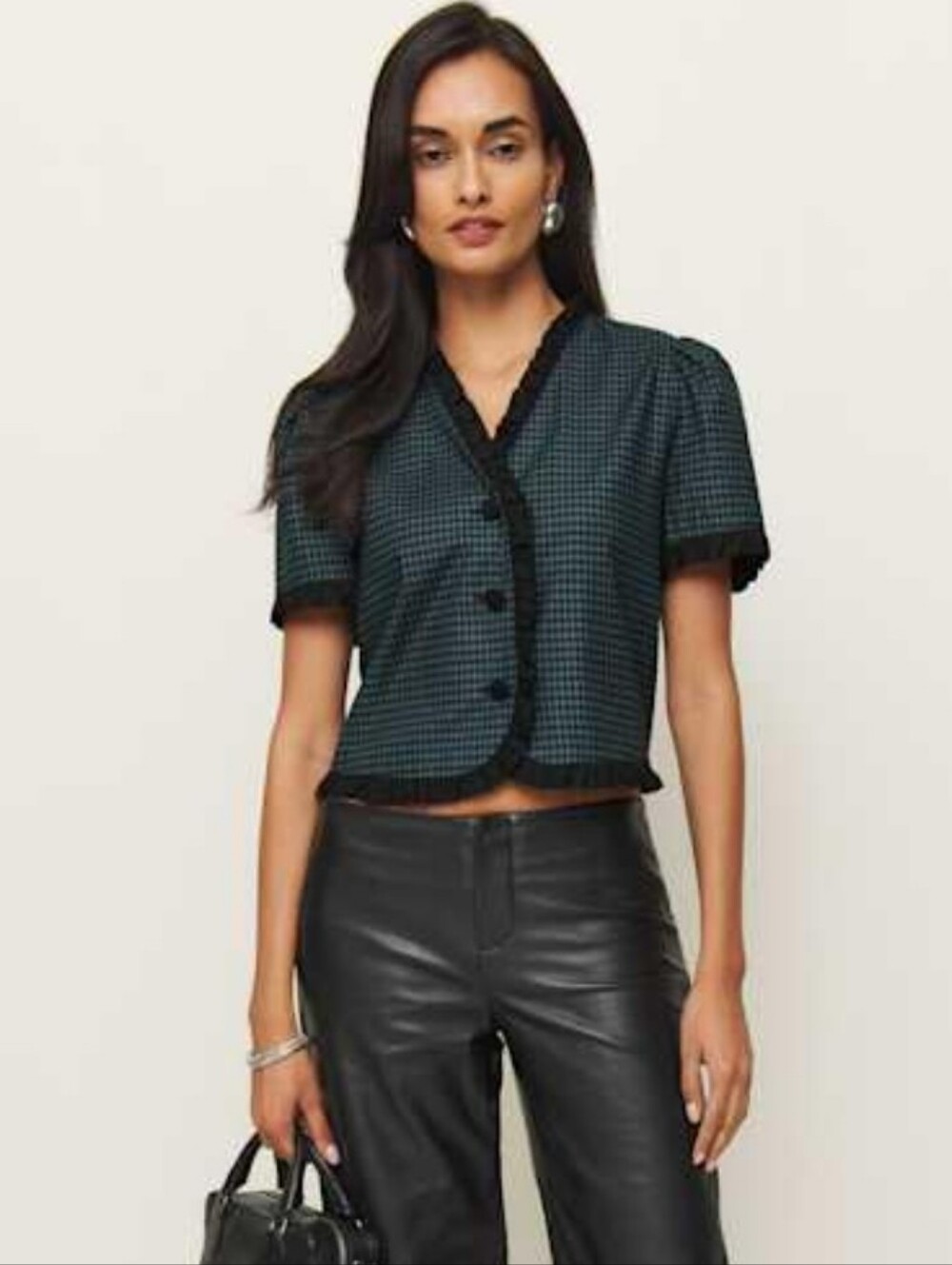 REFORMATION BESS TOP IN DARK SLATE CHECK